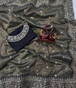 Dark Grey Color Sequance and Dori Embroidery work Twill Net Saree
