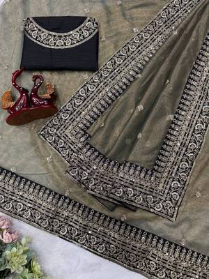 Dark Grey Color Sequance and Dori Embroidery work Twill Net Saree 2