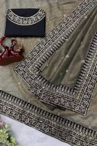 Dark Grey Color Sequance and Dori Embroidery work Twill Net Saree
