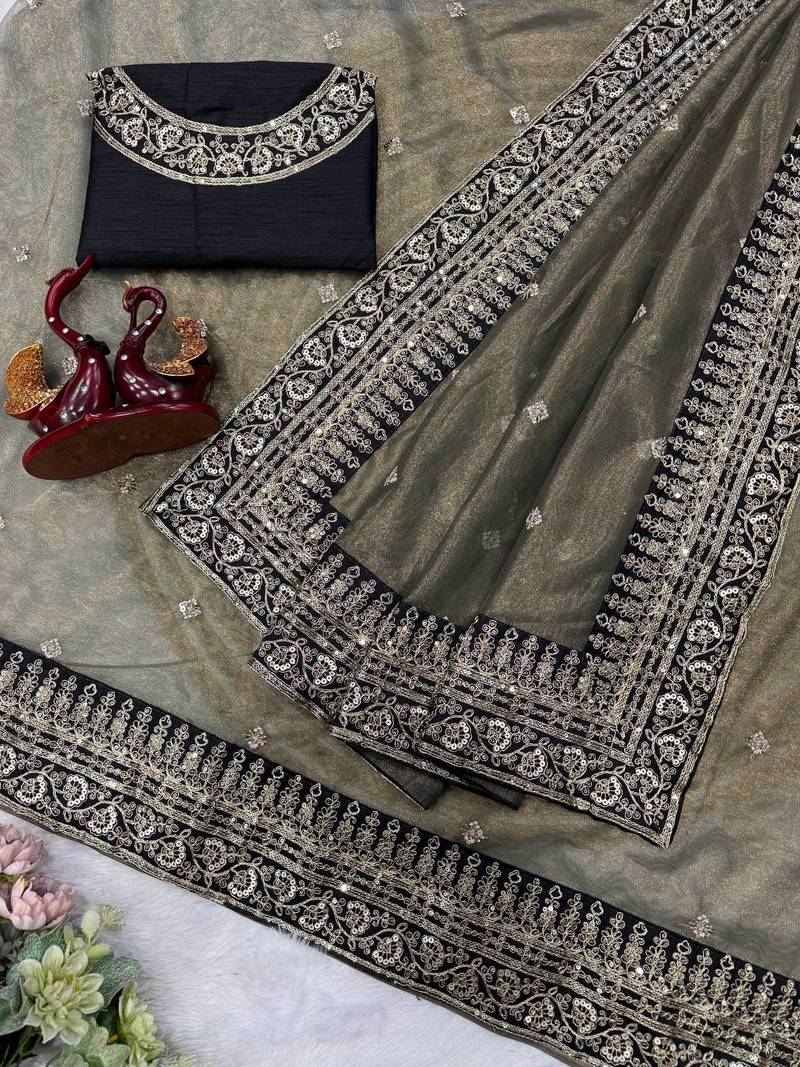 Dark Grey Color Sequance and Dori Embroidery work Twill Net Saree