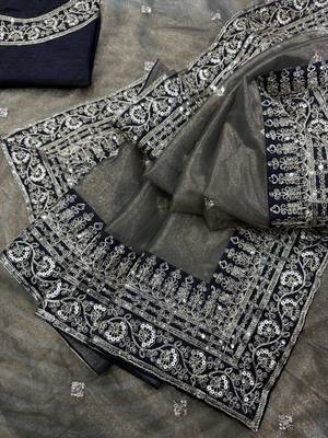 Dark Grey Color Sequance and Dori Embroidery work Twill Net Saree 3