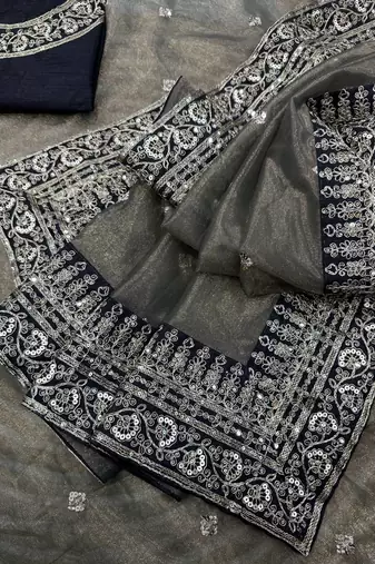 Dark Grey Color Sequance and Dori Embroidery work Twill Net Saree