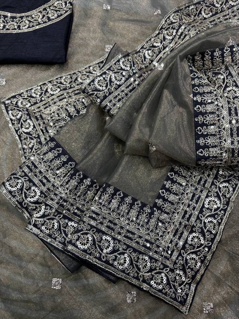 Dark Grey Color Sequance and Dori Embroidery work Twill Net Saree