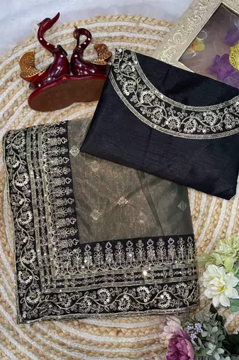 Dark Grey Color Sequance and Dori Embroidery work Twill Net Saree