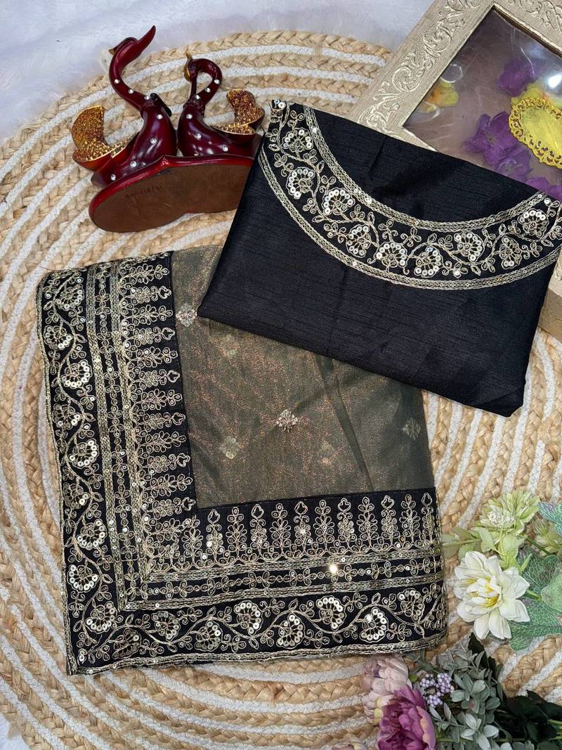 Dark Grey Color Sequance and Dori Embroidery work Twill Net Saree