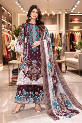 Magenta  color crepe silk printed women unstitched dress material 1