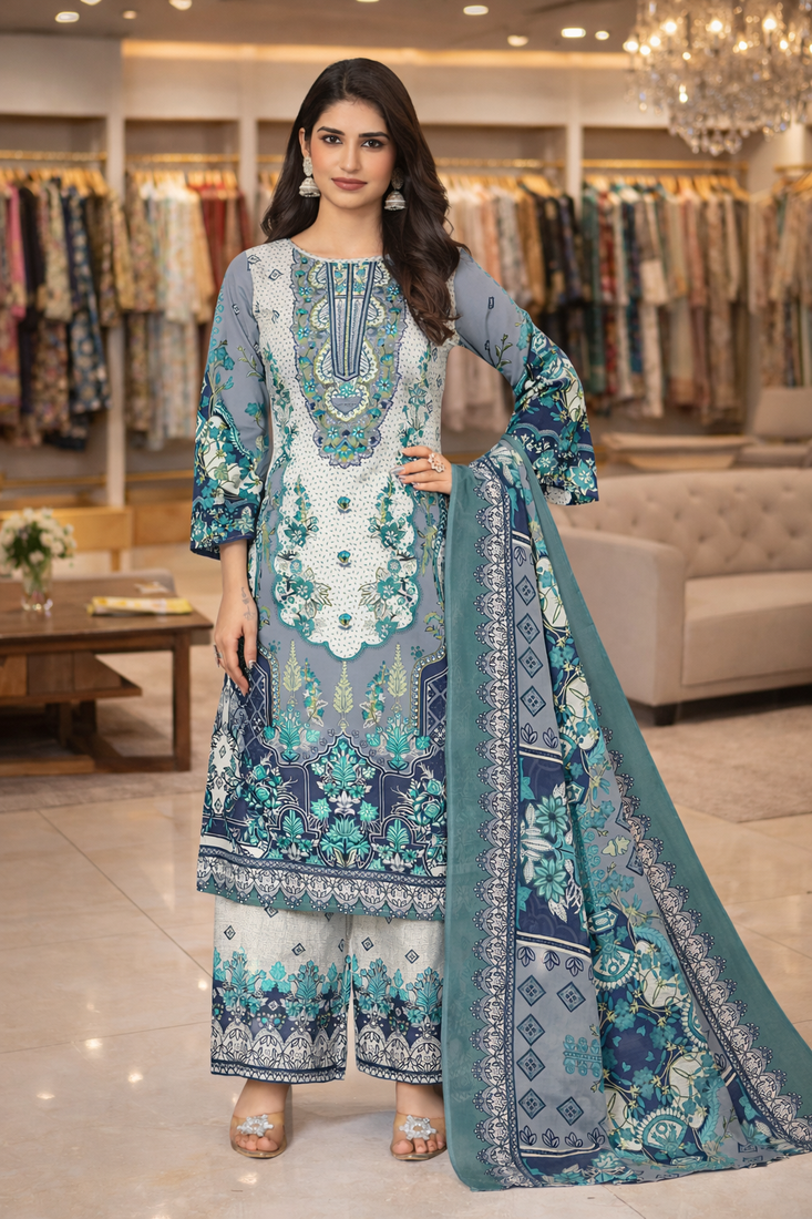 Grey color crepe silk printed women unstitched dress material