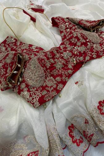 White Color  Embroidery Work and Coding weaving Tissue Silk Saree