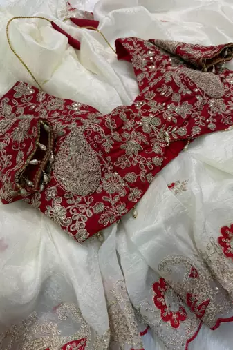 White Color  Embroidery Work and Coding weaving Tissue Silk Saree