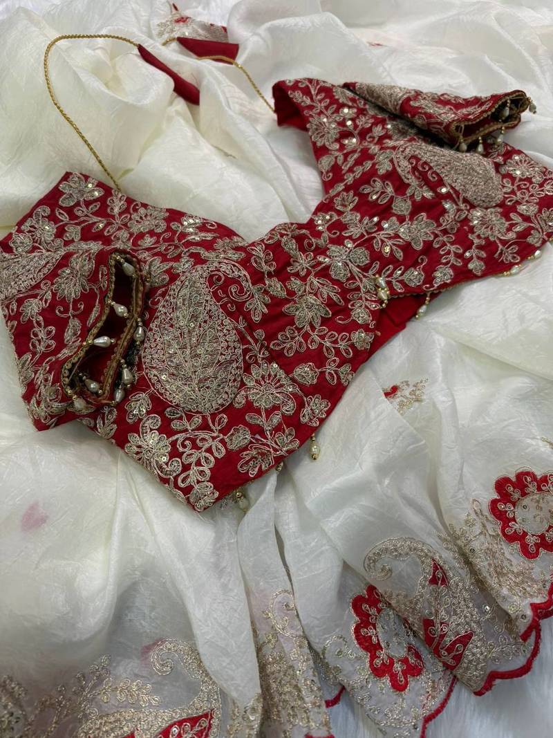 White Color  Embroidery Work and Coding weaving Tissue Silk Saree