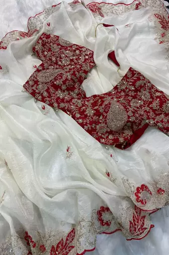 White Color  Embroidery Work and Coding weaving Tissue Silk Saree