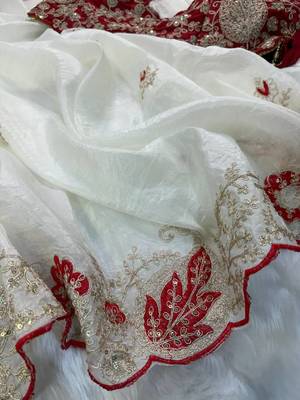 White Color  Embroidery Work and Coding weaving Tissue Silk Saree 3