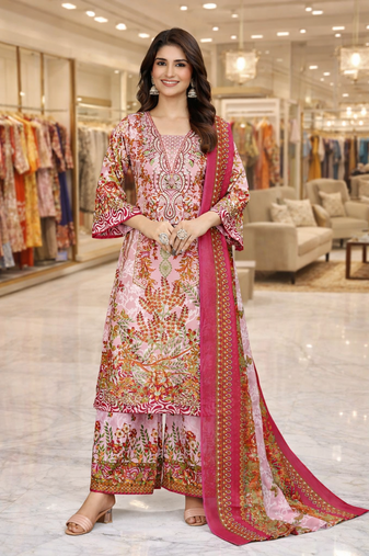 Pink color crepe silk printed women unstitched dress material