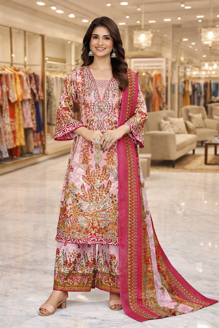 Pink color crepe silk printed women unstitched dress material