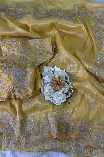 Olive Color  Embroidery Work and Coding weaving Tissue Silk Saree