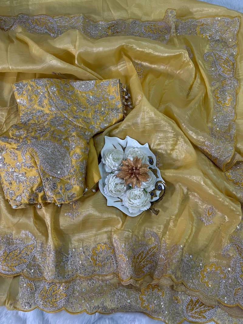 Olive Color  Embroidery Work and Coding weaving Tissue Silk Saree