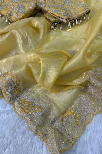 Olive Color  Embroidery Work and Coding weaving Tissue Silk Saree