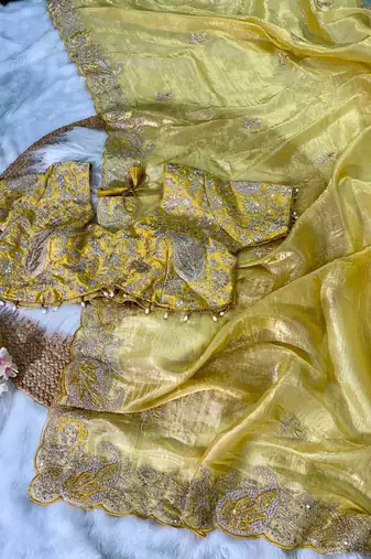 Olive Color  Embroidery Work and Coding weaving Tissue Silk Saree