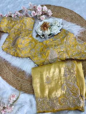 Olive Color  Embroidery Work and Coding weaving Tissue Silk Saree 4