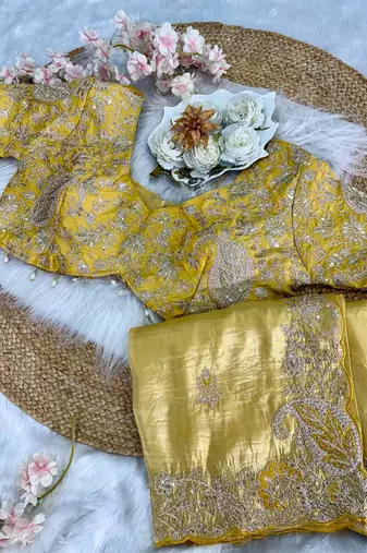 Olive Color  Embroidery Work and Coding weaving Tissue Silk Saree