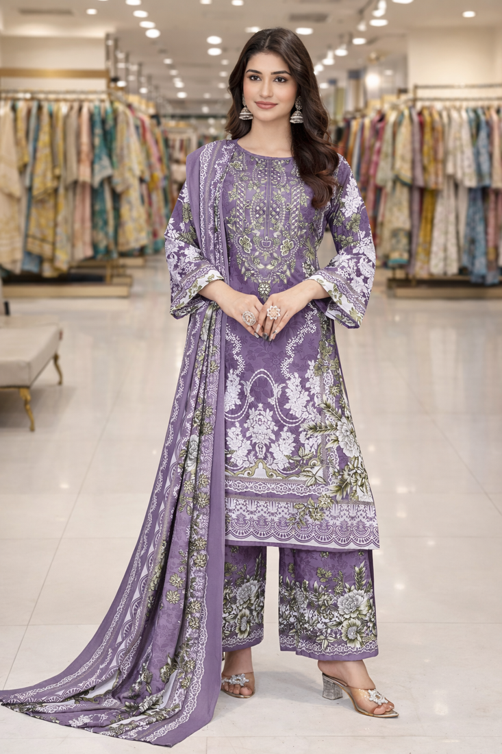 Purple color crepe silk printed women unstitched dress material