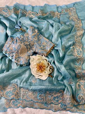 Teal Color  Embroidery Work and Coding weaving Tissue Silk Saree 1