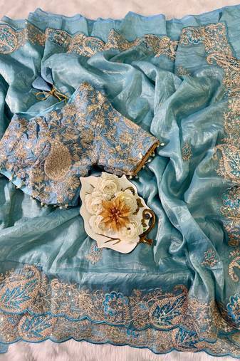 Teal Color  Embroidery Work and Coding weaving Tissue Silk Saree