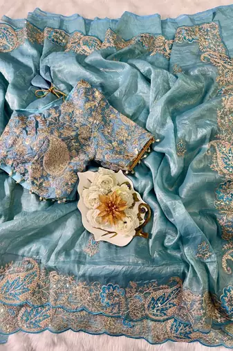 Teal Color  Embroidery Work and Coding weaving Tissue Silk Saree