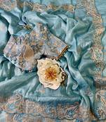 Teal Color  Embroidery Work and Coding weaving Tissue Silk Saree