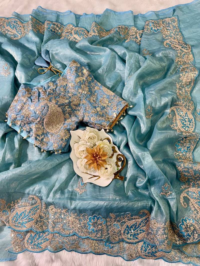 Teal Color  Embroidery Work and Coding weaving Tissue Silk Saree
