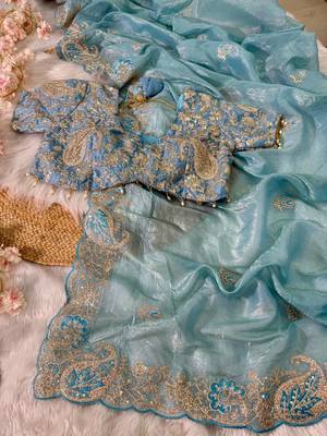 Teal Color  Embroidery Work and Coding weaving Tissue Silk Saree 2