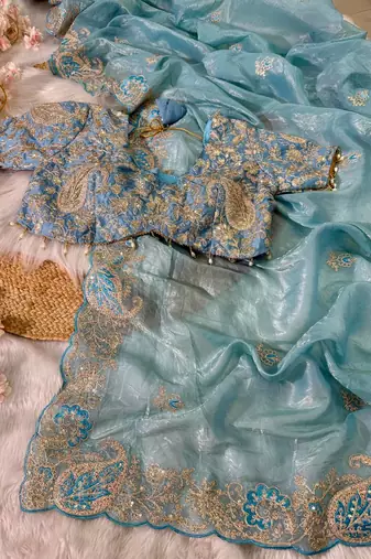 Teal Color  Embroidery Work and Coding weaving Tissue Silk Saree