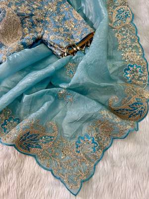 Teal Color  Embroidery Work and Coding weaving Tissue Silk Saree 3