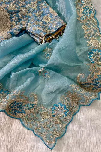 Teal Color  Embroidery Work and Coding weaving Tissue Silk Saree