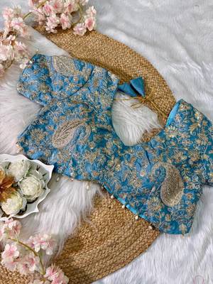 Teal Color  Embroidery Work and Coding weaving Tissue Silk Saree 4