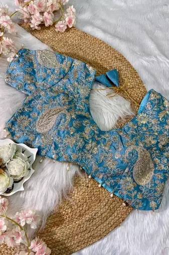 Teal Color  Embroidery Work and Coding weaving Tissue Silk Saree
