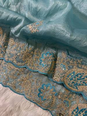Teal Color  Embroidery Work and Coding weaving Tissue Silk Saree 5