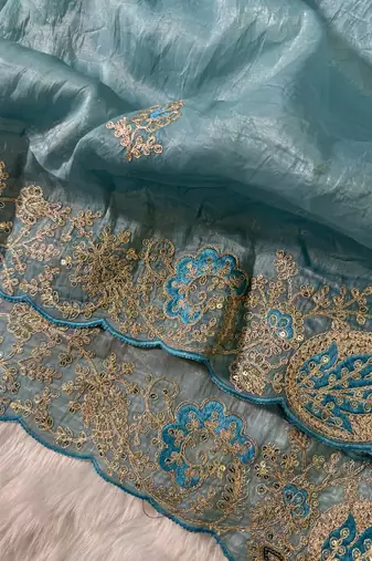 Teal Color  Embroidery Work and Coding weaving Tissue Silk Saree