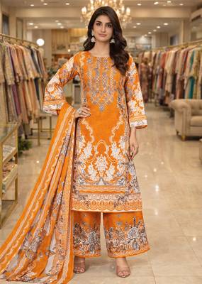 Orange color crepe silk printed women unstitched dress material 1