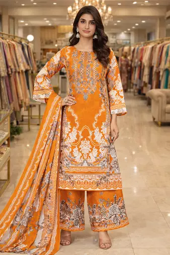 Orange color crepe silk printed women unstitched dress material