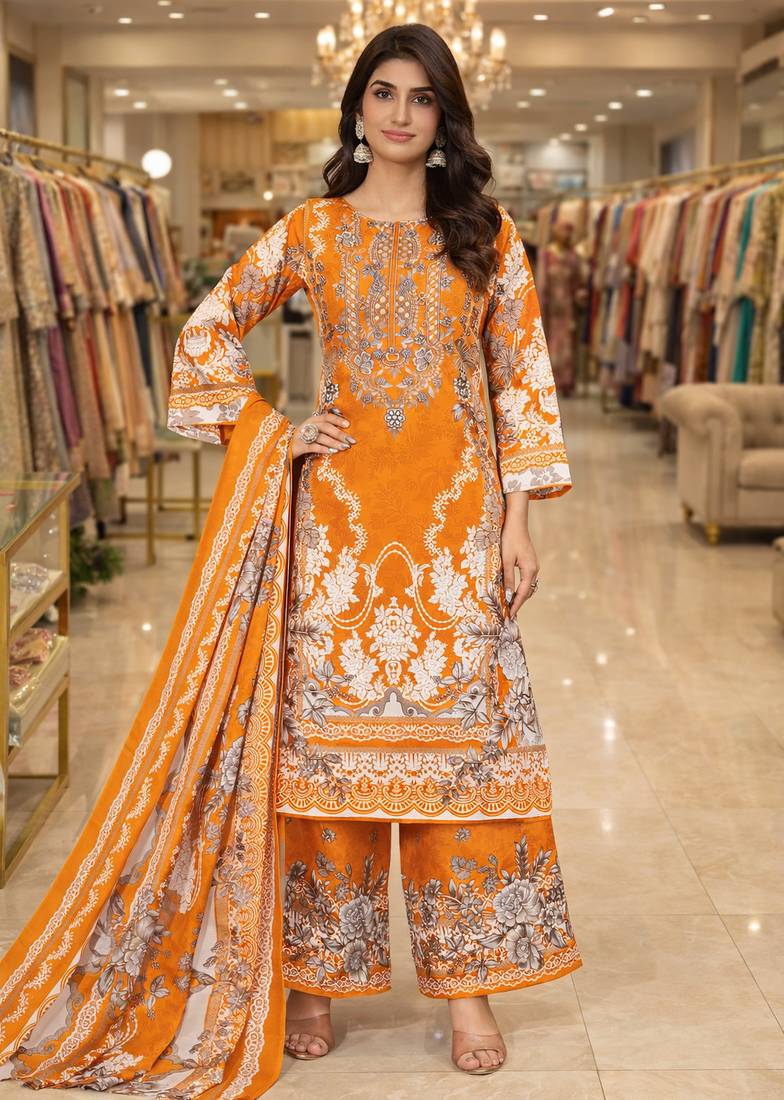 Orange color crepe silk printed women unstitched dress material