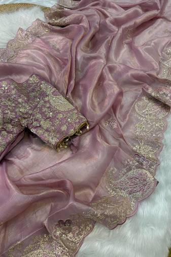 Light Pink Color  Embroidery Work and Coding weaving Tissue Silk Saree