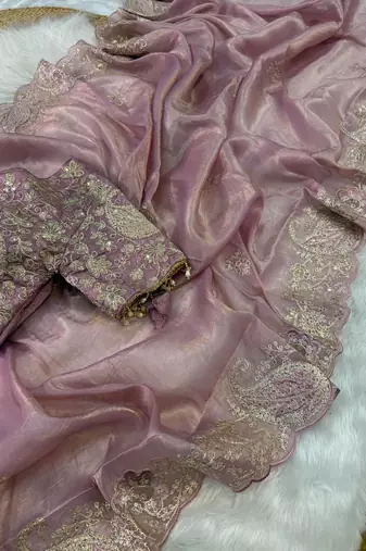 Light Pink Color  Embroidery Work and Coding weaving Tissue Silk Saree