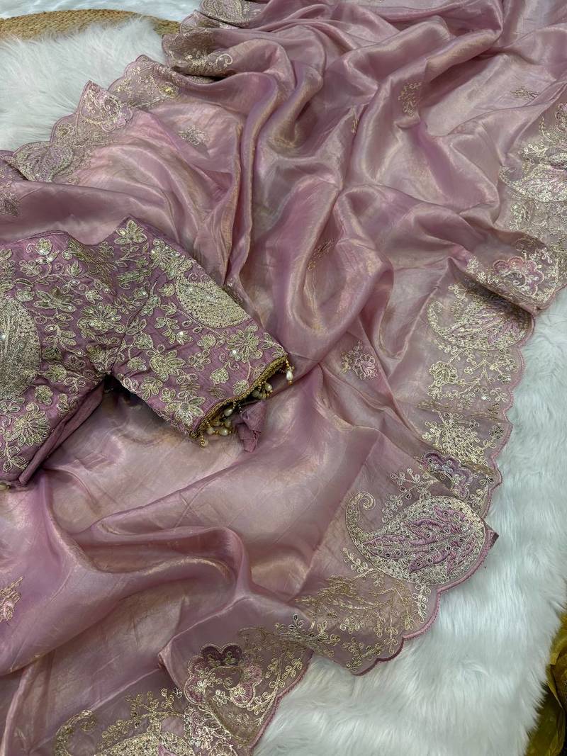 Light Pink Color  Embroidery Work and Coding weaving Tissue Silk Saree