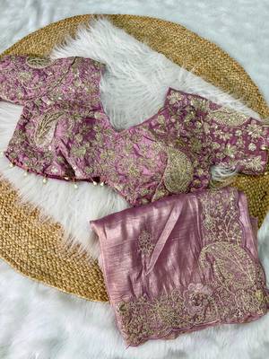 Light Pink Color  Embroidery Work and Coding weaving Tissue Silk Saree 3