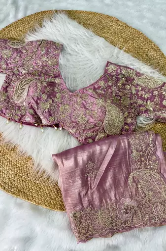 Light Pink Color  Embroidery Work and Coding weaving Tissue Silk Saree