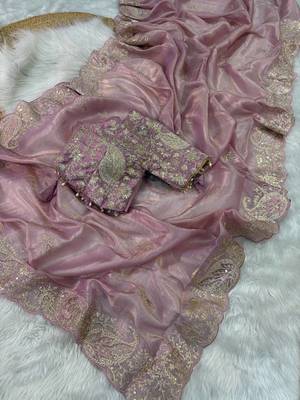 Light Pink Color  Embroidery Work and Coding weaving Tissue Silk Saree 4