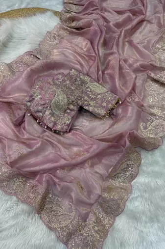 Light Pink Color  Embroidery Work and Coding weaving Tissue Silk Saree