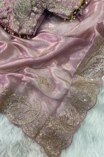 Light Pink Color  Embroidery Work and Coding weaving Tissue Silk Saree