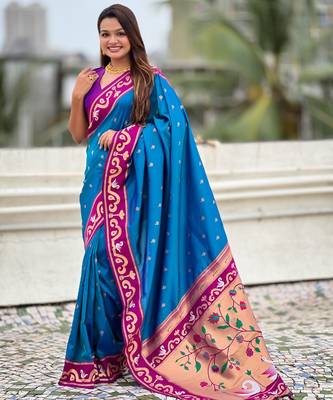 Blue paithani silk zari weaving saree with contrast blouse piece 1